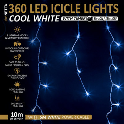 360 LED Icicle Lights 10M Indoor/Outdoor Christmas Lights with White Cable - Cool White