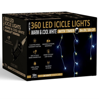 360 LED Icicle Lights 10M Indoor/Outdoor Christmas Lights with White Cable - Warm & Cool White