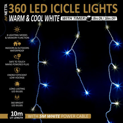 360 LED Icicle Lights 10M Indoor/Outdoor Christmas Lights with White Cable - Warm & Cool White