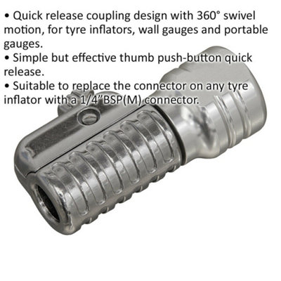360 Swivel Head 1/4 BSP Female Tyre Inflator Clip-on Connector for Easy Inflation