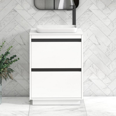 B&Q -  Orion 600mm Matt White Floor Standing Plain White Countertop Vanity Unit 2 Drawer With Qubix Basin & Black Accent Trim