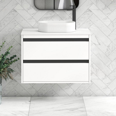 B&Q -  Orion 800mm Matt White Wall Hung Plain White Countertop Vanity Unit 2 Drawer With Lyon Basin & Black Accent Trim