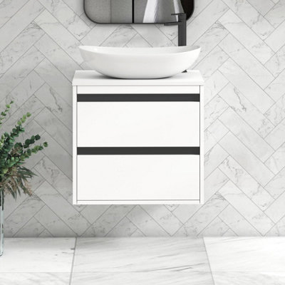 B&Q -  Orion 600mm Matt White Wall Hung Plain White Countertop Vanity Unit 2 Drawer With Cesar Basin & Black Accent Trim