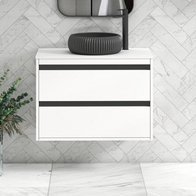 B&Q -  Orion 800mm Matt White Wall Hung Plain White Countertop Vanity Unit 2 Drawer With Milan Black Basin & Black Accent Trim