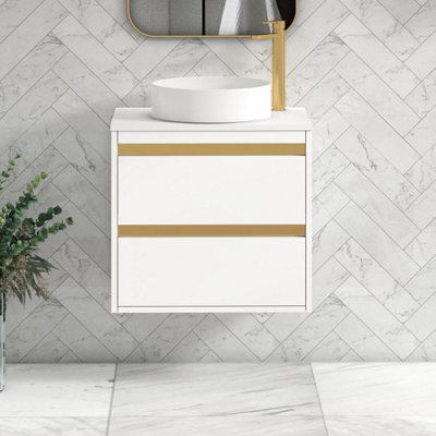 B&Q -  Orion 600mm Matt White Wall Hung Vanity Unit 2 Drawer With Plain White Undrilled Worktop & Brushed Brass Accent Trim