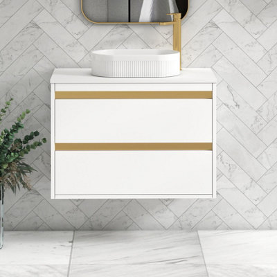 B&Q -  Orion 800mm Matt White Wall Hung Plain White Countertop Vanity Unit 2 Drawer With Lyon Basin & Brushed Brass Accent Trim