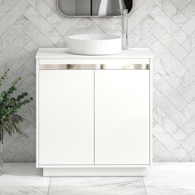 B&Q -  Orion 800mm Matt White Floor Standing Vanity Unit 2 Door With Plain White Undrilled Worktop & Chrome Accent Trim