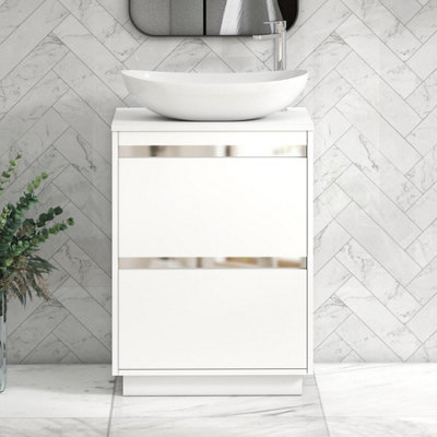 B&Q -  Orion 600mm Matt White Floor Standing Plain White Countertop Vanity Unit 2 Drawer With Cesar Basin & Chrome Accent Trim