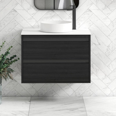 B&Q -  Orion 800mm Hale Black Wall Hung Plain White Countertop Vanity Unit 2 Drawer With Art Basin & Black Accent Trim