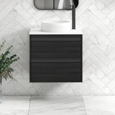 B&Q -  Orion 600mm Hale Black Wall Hung Plain White Countertop Vanity Unit 2 Drawer With Round Basin & Black Accent Trim