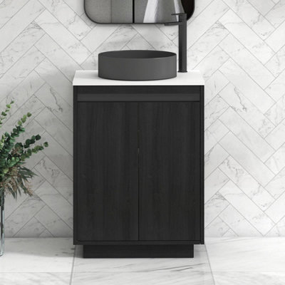 B&Q -  Orion 600mm Hale Black Floor Standing Plain White Countertop Vanity Unit 2 Door With Art Round Basin & Black Accent Trim