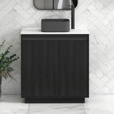 B&Q -  Orion 800mm Hale Black Floor Standing Plain White Countertop Vanity Unit 2 Door With Art Square Basin & Black Accent Trim