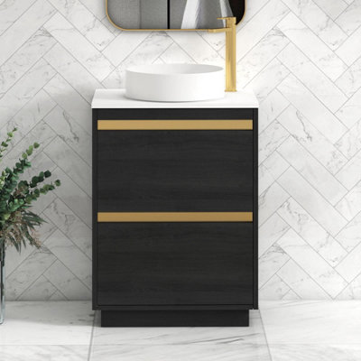 B&Q -  Orion 600mm Hale Black Floor Standing Vanity Unit 2 Drawer With Plain White Undrilled Worktop & Brushed Brass Accent Trim