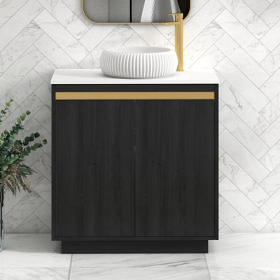 B&Q -  Orion 800mm Hale Black Floor Standing Plain White Countertop Vanity Unit 2 Door With Milan Basin & Brushed Brass Accent Trim