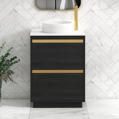 B&Q -  Orion 600mm Hale Black Floor Standing Plain White Countertop Vanity Unit 2 Drawer With Round Basin & Brushed Brass Accent Trim
