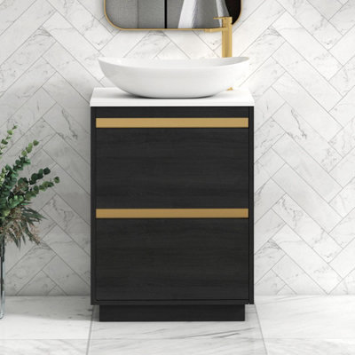 B&Q -  Orion 600mm Hale Black Floor Standing Plain White Countertop Vanity Unit 2 Drawer With Cesar Basin & Brushed Brass Accent Trim