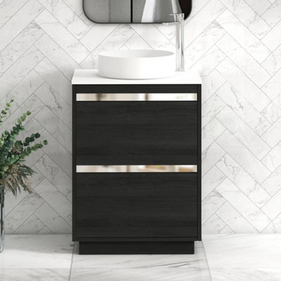 B&Q -  Orion 600mm Hale Black Floor Standing Vanity Unit 2 Drawer With Plain White Undrilled Worktop & Chrome Accent Trim