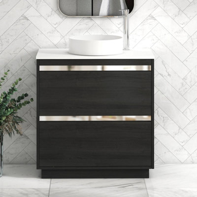 B&Q -  Orion 800mm Hale Black Floor Standing Plain White Countertop Vanity Unit 2 Drawer With Art Basin & Chrome Accent Trim