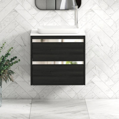 B&Q -  Orion 600mm Hale Black Wall Hung Plain White Countertop Vanity Unit 2 Drawer With Qubix Basin & Chrome Accent Trim
