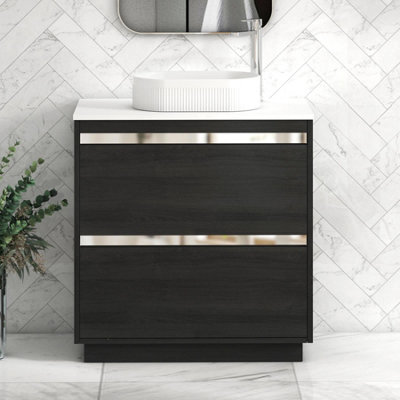 B&Q -  Orion 800mm Hale Black Floor Standing Plain White Countertop Vanity Unit 2 Drawer With Lyon Basin & Chrome Accent Trim