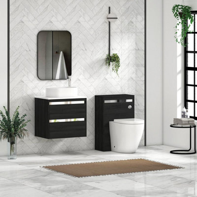 B&Q -  Orion 600mm Hale Black Wall Hung Plain White Countertop Vanity Unit 2 Drawer With Peak Basin & Chrome Accent Trim