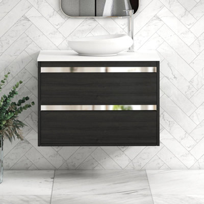 B&Q -  Orion 800mm Hale Black Wall Hung Plain White Countertop Vanity Unit 2 Drawer With Nova Basin & Chrome Accent Trim