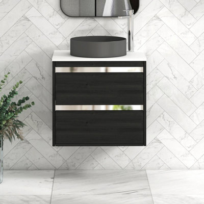 B&Q -  Orion 600mm Hale Black Wall Hung Plain White Countertop Vanity Unit 2 Drawer With Art Round Basin & Chrome Accent Trim