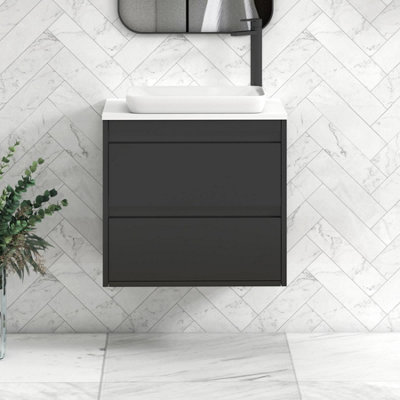 B&Q -  Orion 600mm Matt Obsidian Black Wall Hung Plain White Countertop Vanity Unit 2 Drawer With Qubix Basin & Black Accent Trim
