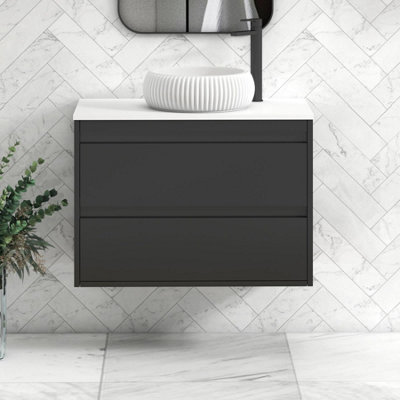 B&Q -  Orion 800mm Matt Obsidian Black Wall Hung Plain White Countertop Vanity Unit 2 Drawer With Milan Basin & Black Accent Trim