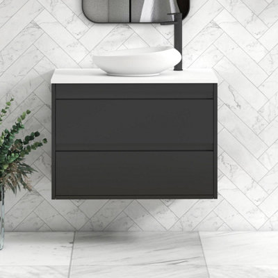B&Q -  Orion 800mm Matt Obsidian Black Wall Hung Plain White Countertop Vanity Unit 2 Drawer With Nova Basin & Black Accent Trim