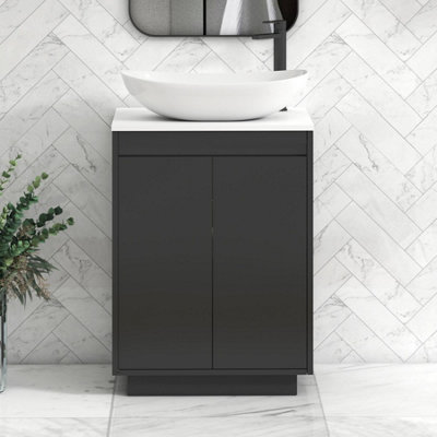 B&Q -  Orion 600mm Matt Obsidian Black Floor Standing Plain White Countertop Vanity Unit 2 Door With Cesar Basin & Black Accent Trim