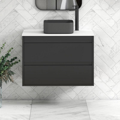 B&Q -  Orion 800mm Matt Obsidian Black Wall Hung Plain White Countertop Vanity Unit 2 Drawer With Art Square Basin & Black Accent Trim