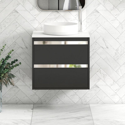 B&Q -  Orion 600mm Matt Obsidian Black Wall Hung Vanity Unit 2 Drawer With Plain White Undrilled Worktop & Chrome Accent Trim
