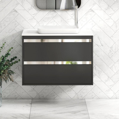B&Q -  Orion 800mm Matt Obsidian Black Wall Hung Plain White Countertop Vanity Unit 2 Drawer With Qubix Basin & Chrome Accent Trim