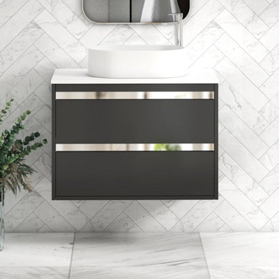 B&Q -  Orion 800mm Matt Obsidian Black Wall Hung Plain White Countertop Vanity Unit 2 Drawer With Peak Basin & Chrome Accent Trim