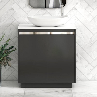 B&Q -  Orion 800mm Matt Obsidian Black Floor Standing Plain White Countertop Vanity Unit 2 Door With Cesar Basin & Chrome Accent Trim