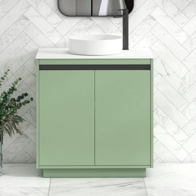 B&Q -  Orion 800mm Mint Sage Floor Standing Vanity Unit 2 Door With Plain White Undrilled Worktop & Black Accent Trim