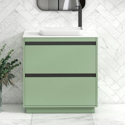 B&Q -  Orion 800mm Mint Sage Floor Standing Plain White Countertop Vanity Unit 2 Drawer With Qubix Basin & Black Accent Trim