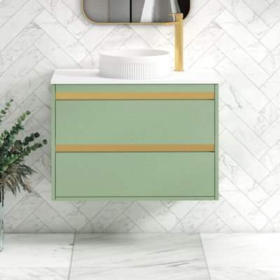 B&Q -  Orion 800mm Mint Sage Wall Hung Plain White Countertop Vanity Unit 2 Drawer With Round Basin & Brushed Brass Accent Trim