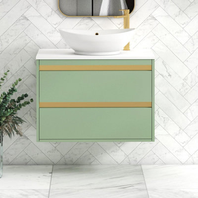 B&Q -  Orion 800mm Mint Sage Wall Hung Plain White Countertop Vanity Unit 2 Drawer With Amaze Basin & Brushed Brass Accent Trim