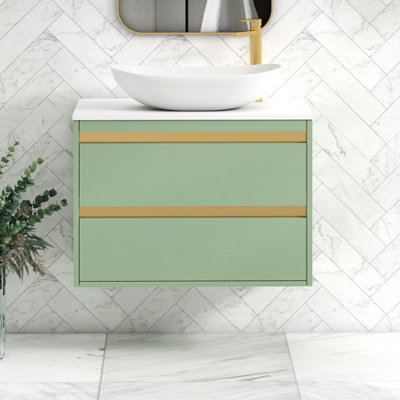 B&Q -  Orion 800mm Mint Sage Wall Hung Plain White Countertop Vanity Unit 2 Drawer With Cesar Basin & Brushed Brass Accent Trim