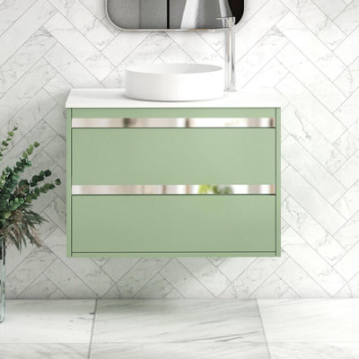 B&Q -  Orion 800mm Mint Sage Wall Hung Vanity Unit 2 Drawer With Plain White Undrilled Worktop & Chrome Accent Trim