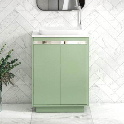 B&Q -  Orion 600mm Mint Sage Floor Standing Plain White Countertop Vanity Unit 2 Door With Qubix Basin & Chrome Accent Trim