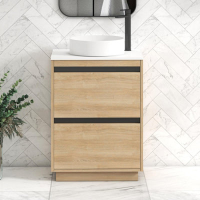 B&Q -  Orion 600mm Natural Oak Floor Standing Vanity Unit 2 Drawer With Plain White Undrilled Worktop & Black Accent Trim
