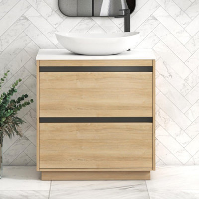B&Q -  Orion 800mm Natural Oak Floor Standing Plain White Countertop Vanity Unit 2 Drawer With Cesar Basin & Black Accent Trim