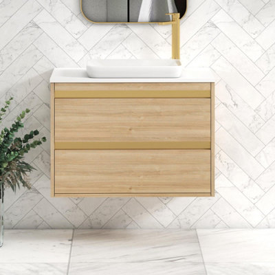 B&Q -  Orion 800mm Natural Oak Wall Hung Plain White Countertop Vanity Unit 2 Drawer With Qubix Basin & Brushed Brass Accent Trim