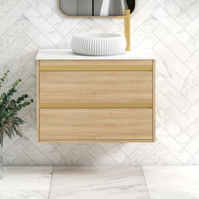 B&Q -  Orion 800mm Natural Oak Wall Hung Plain White Countertop Vanity Unit 2 Drawer With Milan Basin & Brushed Brass Accent Trim