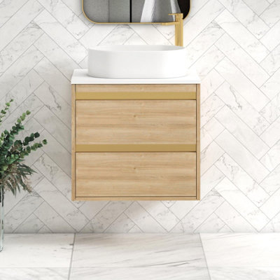 B&Q -  Orion 600mm Natural Oak Wall Hung Plain White Countertop Vanity Unit 2 Drawer With Peak Basin & Brushed Brass Accent Trim