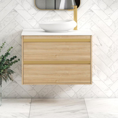 B&Q -  Orion 800mm Natural Oak Wall Hung Plain White Countertop Vanity Unit 2 Drawer With Nova Basin & Brushed Brass Accent Trim