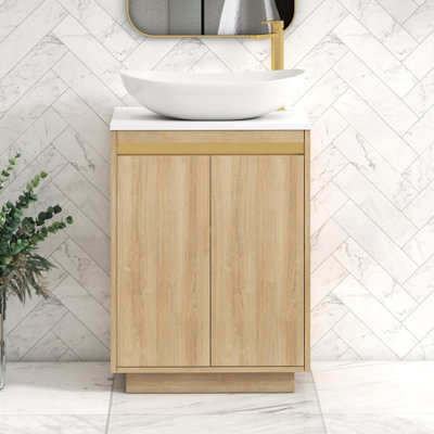 B&Q -  Orion 600mm Natural Oak Floor Standing Plain White Countertop Vanity Unit 2 Door With Cesar Basin & Brushed Brass Accent Trim